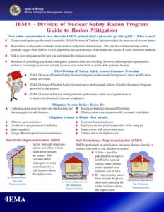 IEMA - Division of Nuclear Safety Radon Program Guide to Radon Mitigation Your radon concentration is at or above the USEPA action level of 4 picocuries per liter (pCi/L). What is next? Contact a mitigation professional 