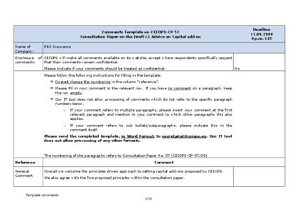 Deadline[removed]p.m. CET Comments Template on CEIOPS-CP 57 Consultation Paper on the Draft L2 Advice on Capital add on