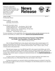 U.S. Fish & Wildlife Service Department of the Interior U.S. Fish & Wildlife Service Sacramento Fish and Wildlife Office 2800 Cottage Way, Room W-2605 Sacramento, CA[removed]