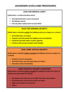 LOCKDOWN LEVELS AND PROCEDURES LEVEL ONE (MEDICAL ALERT) (Called when a medical situation arises) • All students/teachers stay in classrooms • All hallways cleared • Exit only when medical alert has been lifted