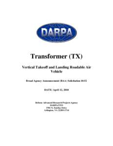 Aircraft / Roadable aircraft / Transformer / DARPA / Takeoff and landing / VTOL / Transport / Aviation / VTOL aircraft