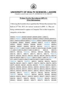 .  UNIVERSITY OF HEALTH SCIENCES, LAHORE Khayaban-e-Jamia Punjab, Lahore. Ph[removed], Fax: [removed]Written Test for Recruitment (BPS-11)