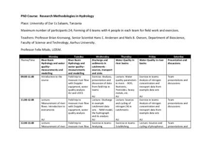 PhD Course: Research Methodologies in Hydrology Place: University of Dar Es Salaam, Tanzania Maximum number of participants 24; Forming of 6 teams with 4 people in each team for field work and exercises. Teachers: Profes