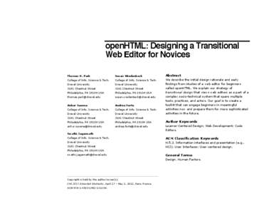 openHTML: Designing a Transitional Web Editor for Novices Thomas H. Park Susan Wiedenbeck