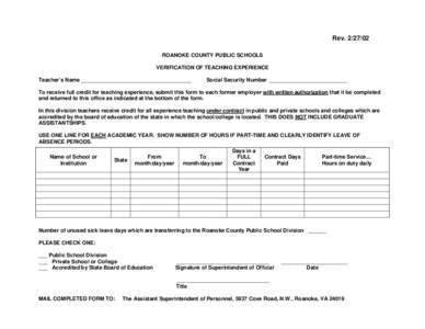 Rev[removed]ROANOKE COUNTY PUBLIC SCHOOLS VERIFICATION OF TEACHING EXPERIENCE