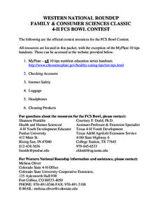 WESTERN NATIONAL ROUNDUP FAMILY & CONSUMER SCIENCES CLASSIC 4-H FCS BOWL CONTEST The following are the official contest resources for the FCS Bowl Contest. All resources are located in this packet, with the exception of 