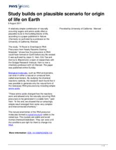 Study builds on plausible scenario for origin of life on Earth
