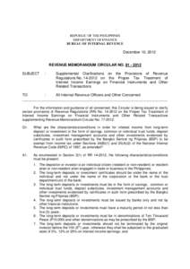 REPUBLIC OF THE PHILIPPINES DEPARTMENT OF FINANCE BUREAU OF INTERNAL REVENUE December 10, 2012
