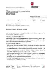 Niedersächsisches Kultusministerium, Postfach 1 61, 30001 Hannover  Niedersächsisches Kultusministerium  An die
