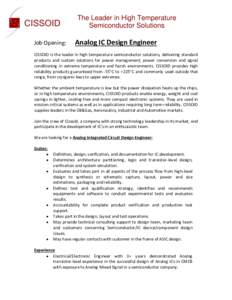 The Leader in High Temperature Semiconductor Solutions Job Opening: Analog IC Design Engineer