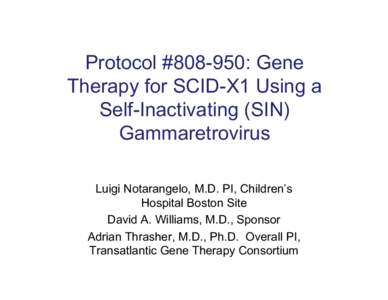 Protocol #[removed]: Gene Therapy for SCID-X1 Using a Self-Inactivating (SIN) Gammaretrovirus Luigi Notarangelo, M.D. PI, Children’s Hospital Boston Site