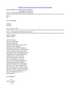 Southern Campaign American Revolution Pension Statements Pension application of Christopher Poss R8359 Transcribed by WF Dixon Page 1 of Christopher Poss Pension Application. *********************************************