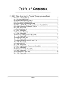 Ta b l e o f C o n t e n t s[removed]Rules Governing the Physical Therapy Licensure Board 000. Legal Authority (Rule 0). ................................................................................... [removed]Title