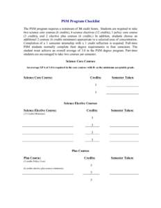 PSM Program Checklist The PSM program requires a minimum of 34 credit hours. Students are required to take two science core courses (6 credits), 4 science electives (12 credits), 1 policy core course (3 credits), and 2 e