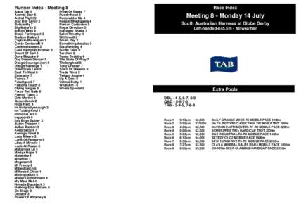 Runner Index - Meeting 8 Adda Tak 5 Arambi Star 8 Astral Flight 9 Bad Boy Leroy 2 Beticanfly 7