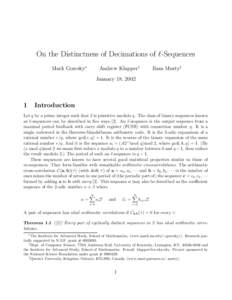 On the Distinctness of Decimations of -Sequences Mark Goresky∗ Andrew Klapper†  Ram Murty‡