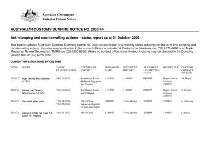 Australian Customs Dumping Notice[removed]