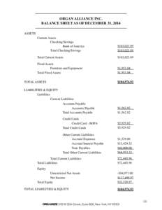 ORGAN ALLIANCE INC. BALANCE SHEET AS OF DECEMBER 31, 2014 ASSETS Current Assets Checking/Savings