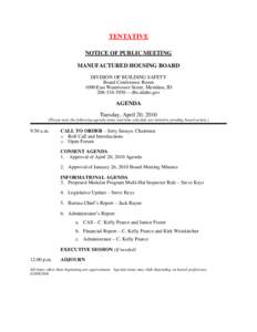 TENTATIVE NOTICE OF PUBLIC MEETING MANUFACTURED HOUSING BOARD DIVISION OF BUILDING SAFETY Board Conference Room 1090 East Watertower Street, Meridian, ID