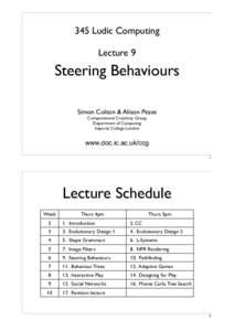 345 Ludic Computing Lecture 9 Steering Behaviours Simon Colton & Alison Pease Computational Creativity Group