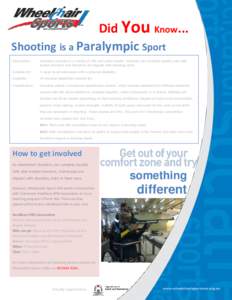 Did You Know... Shooting is a Paralympic Sport Description: Shooters compete in a variety of rifle and pistol events. Shooters can compete equally with able bodied shooters and therefore are aligned with shooting clubs.