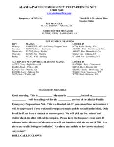 ALASKA-PACIFIC EMERGENCY PREPAREDNESS NET APRIL 2018 www.alaskapacificnet.org FrequencyMHz  Time: 8:30 A.M. Alaska Time