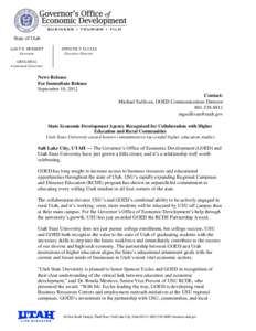 Utah State University / Salt Lake City / Greg Bell / Gary Herbert / Spencer Eccles / Ronda Rudd Menlove / Economic development / Utah / Association of Public and Land-Grant Universities / Logan /  Utah