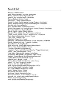 Faculty & Staff Adeyanju, Matthew, Dean Alles, Nancy, Secretary for CRHA Department Archer, Catherine, Dental Hygiene Faculty Bancroft, Ann, Nursing Clinical Coordinator Barnes, Barbara, Nursing Faculty