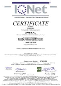 IQNet and CISQ/RINA hereby certify that the organisation CIARE S.R.L. STRADA DI FONTENUOVO 306/A[removed]SENIGALLIA (AN) ITALIA