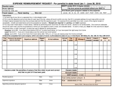 EXPENSE REIMBURSEMENT REQUEST - For panelist in-state travel Jan 1 - June 30, 2018 SWIFT vendor ID # (10 digits): __ __ __ __ __ __ Panelist name:  This form cannot be processed without your SWIFT #.