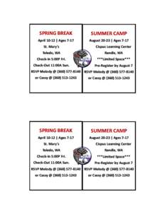 SPRING BREAK  SUMMER CAMP April | Ages