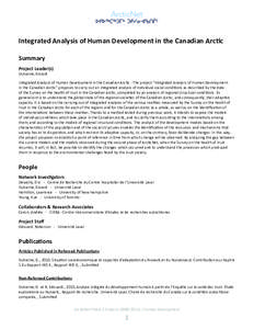 Integrated Analysis of Human Development in the Canadian Arc c Summary Project Leader(s) Duhaime, Gérard Integrated Analysis of Human Development in the Canadian ArcƟc - The project “Integrated Analysis of Human Deve