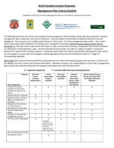 North Carolina Forestry Programs: Management Plan Criteria Checklist (Updated[removed]by the Forest Management Branch of the North Carolina Forest Service) The following matrix lists five of the more popular forestry pro