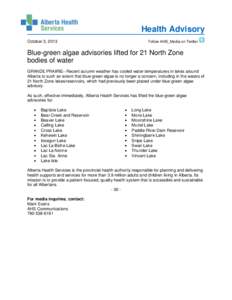 Health Advisory October 3, 2013 Follow AHS_Media on Twitter  Blue-green algae advisories lifted for 21 North Zone