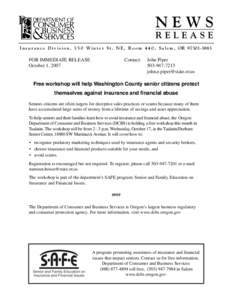 News Release: Free workshop will help Washington County senior citizens protect themselves against insurance and financial abuse