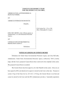Notice of Lodging of Consent Decree to Resolve Complaint between EPA and the American Petroleum Institute and the American Fuel and Petrochemical Manufacturers  (April 10,2015)