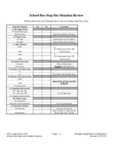 School Bus Stop Site Situation Review Perform this review for all proposed as well as existing school bus stops. Stop Site Situation A) Bus Signal Mode Overhead Red Lights Hazard Lights