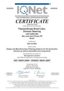 CERTIFICATE IQNet and SQS hereby certify that the organisation  ThyssenKrupp Brasil Ltda.,