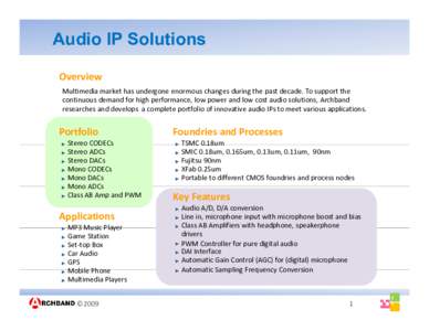 Audio IP Solutions Overview Multimedia market has undergone enormous changes during the past decade. To support the continuous demand for high g performance, p
