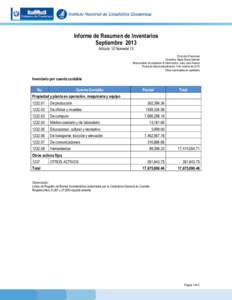 Informe de Resumen de Inventarios Septiembre 2013 Artículo 10 Numeral 13 Dirección Financiera Directora: Maria Elena Galindo Responsable de actualizar la información: Juan José Alvarez