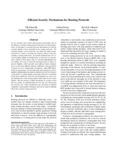 Efficient Security Mechanisms for Routing Protocols Yih-Chun Hu Carnegie Mellon University   Adrian Perrig