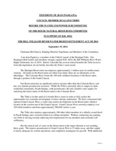 TESTIMONY OF JEAN PAGILAWA, COUNCIL MEMBER, HUALAPAI TRIBE BEFORE THE WATER AND POWER SUBCOMMITTEE OF THE HOUSE NATURAL RESOURCES COMMITTEE IN SUPPORT OF H.R. 4924: THE BILL WILLIAMS RIVER WATER RIGHTS SETTLEMENT ACT OF 