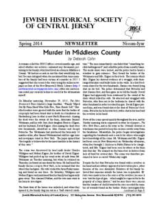 JEWISH HISTORICAL SOCIETY OF CENTRAL JERSEY Spring 2014 NEWSLETTER