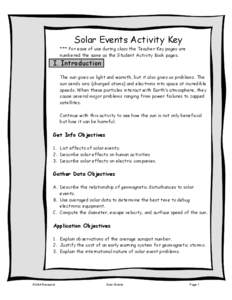 Solar Events Activity Key *** For ease of use during class the Teacher Key pages are numbered the same as the Student Activity Book pages. I. Introduction