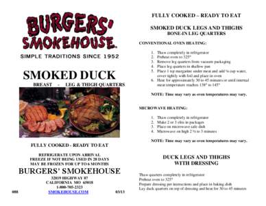 FULLY COOKED – READY TO EAT SMOKED DUCK LEGS AND THIGHS BONE-IN LEG QUARTERS