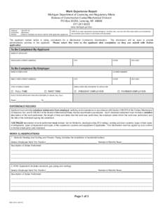 Work Experience Report Michigan Department of Licensing and Regulatory Affairs Bureau of Construction Codes/Mechanical Division PO Box 30255, Lansing, MI[removed]9325 www.michigan.gov/bcc