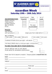 EXTRA NIGHTS  Accordion Week Saturday 19th – 26th July 2014 ACCOMMODATION