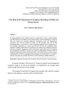 Journal of Human Resources Management and Labor Studies June 2014, Vol. 2, No. 2, ppISSN: Print), Online) Copyright © The Author(sAll Rights Reserved. Published by American Resea