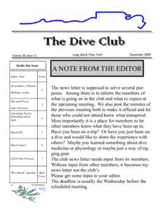 The Dive Club Long Island, New York Volume 20, Issue 12  Inside this issue: