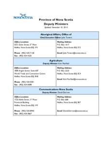 Province of Nova Scotia Deputy Ministers Updated: November 18, 2014 Aboriginal Affairs, Office of Chief Executive Officer: Julie Towers